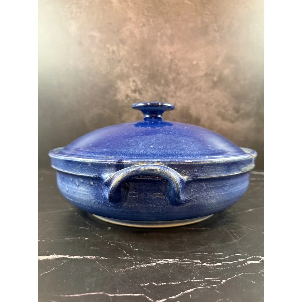 VTG Sasha Makovkin California Pottery Blue Lidded Ceramic Round Casserole Dish